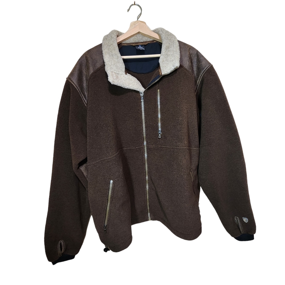 Kuhl Men's Alpenwurx Brown Full Zip Sherpa Collar Faux Leather Fleece Jacket XL - Picture 3 of 11